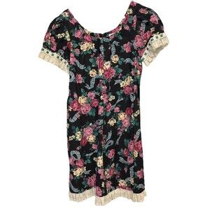 Sun Babies For Liberty House Hawaiian Dress Women 21x38” L Black Floral Vintage